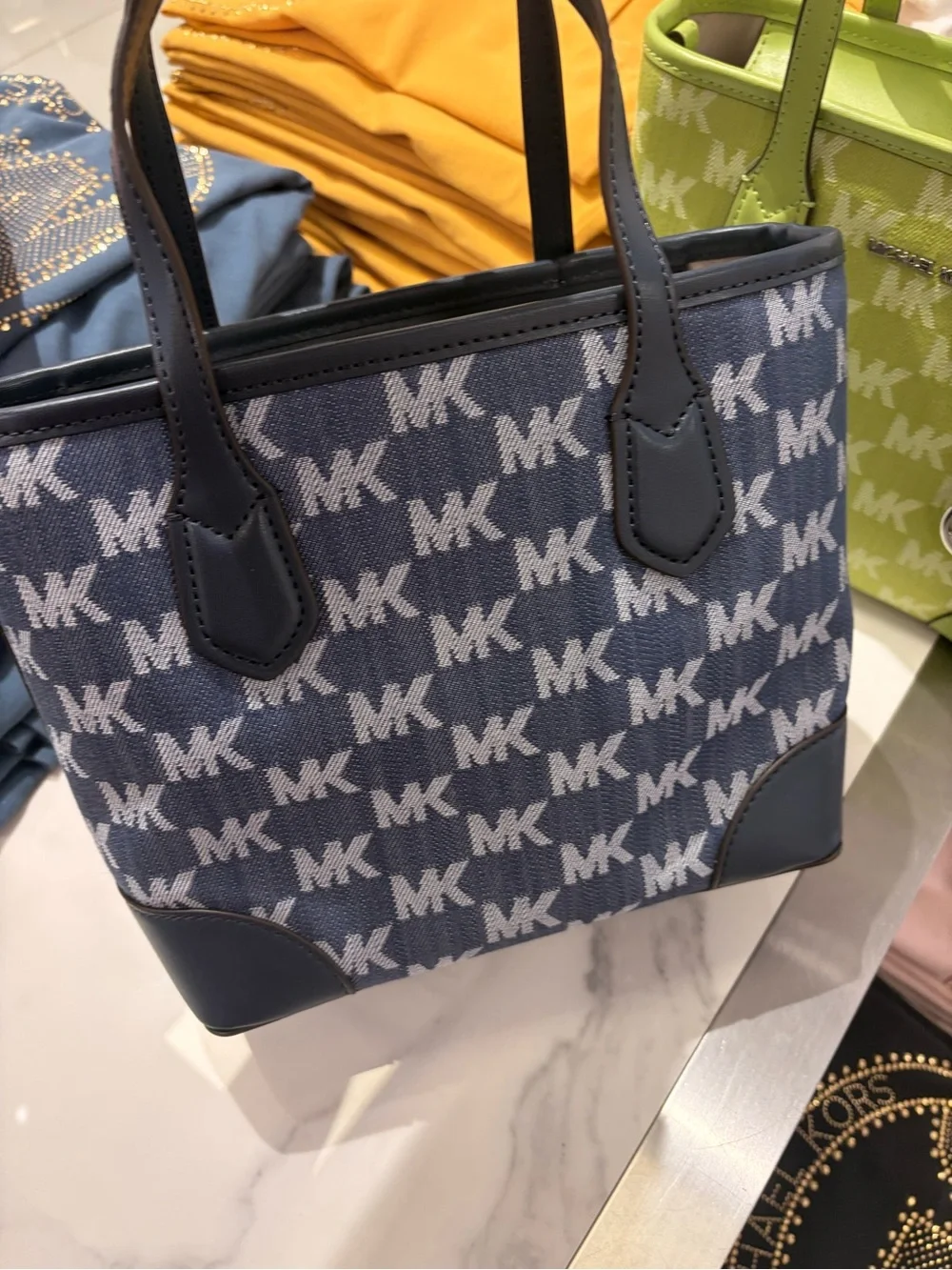 Michael Kors Eva crossbody blue Monogram MK Tote denim with strap new tag